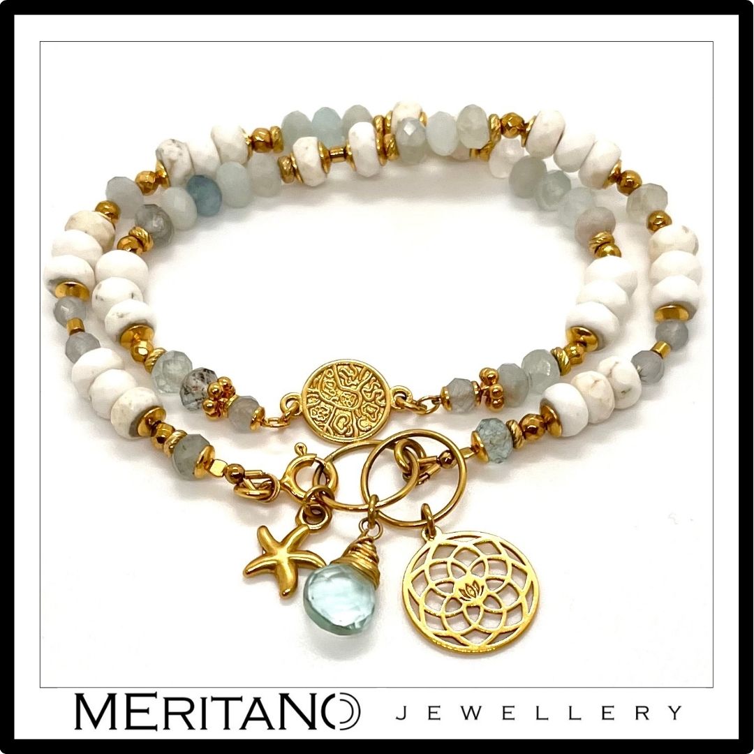 Podwójna bransoletka biały howlit i akwamaryn. Widok z góry