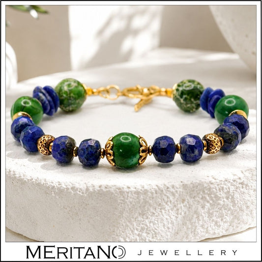 Bransoletka lapis lazuli jaspis złota zawieszka zielono niebieska zapięcie toggle zlłote detale Bransoletka lapis lazuli jaspis złota zawieszka zielono niebieska zapięcie toggle zlłote detale
