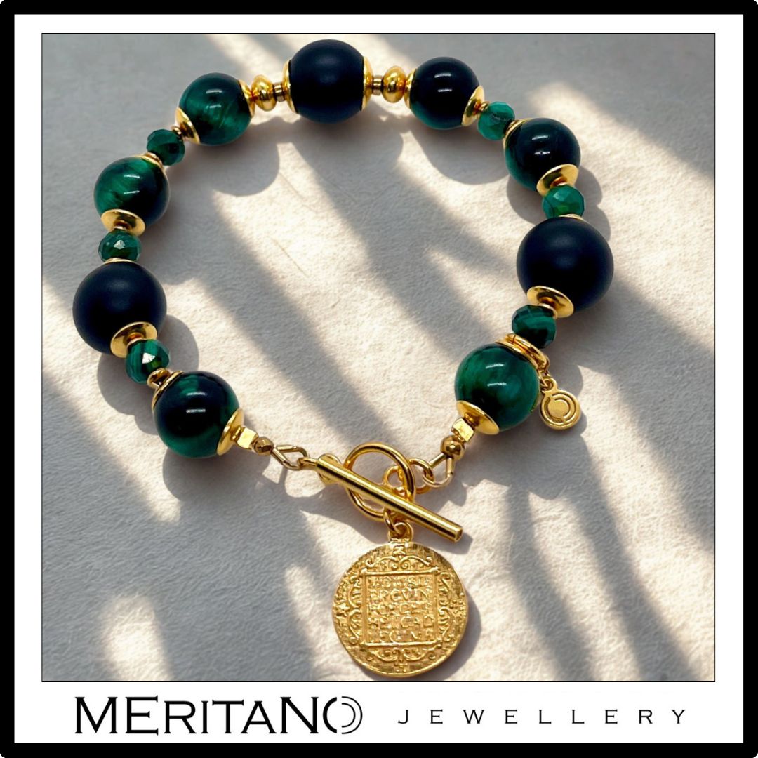 Czarno-zielona bransoletka ochronna z onyksem, malachitem i kocim okiem