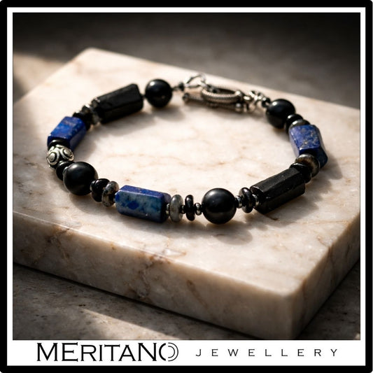 Bransoletka męska z lapis lazuli i turmalinem, srebro oksydowane Bransoletka męska z lapis lazuli i turmalinem, srebro oksydowane