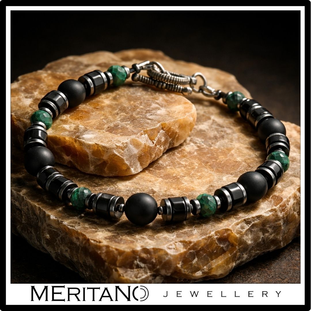 Bransoletka męska z kamieniem ochronnym czarny turmalin, onyks i malachit na pomarańczowym kamieniu