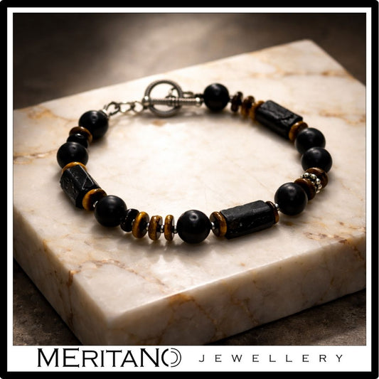 Bransoletka męska z czarnym turmalinem i tygrysim okiem na jasnym kamieniu Bransoletka męska z czarnym turmalinem i tygrysim okiem na jasnym kamieniu