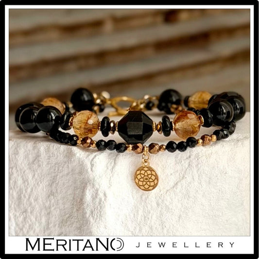 Podwójna bransoletka z turmalinem i cytrynem, widok z przodu Podwójna bransoletka z turmalinem i cytrynem, widok z przodu