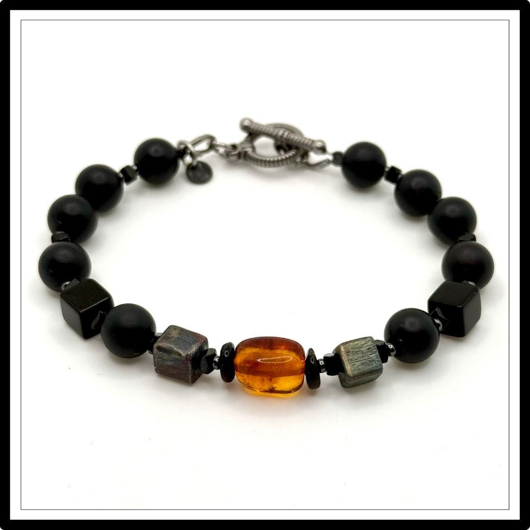 Bransoletka unisex z kamieni naturalnych turmalin, onyks, bursztyn