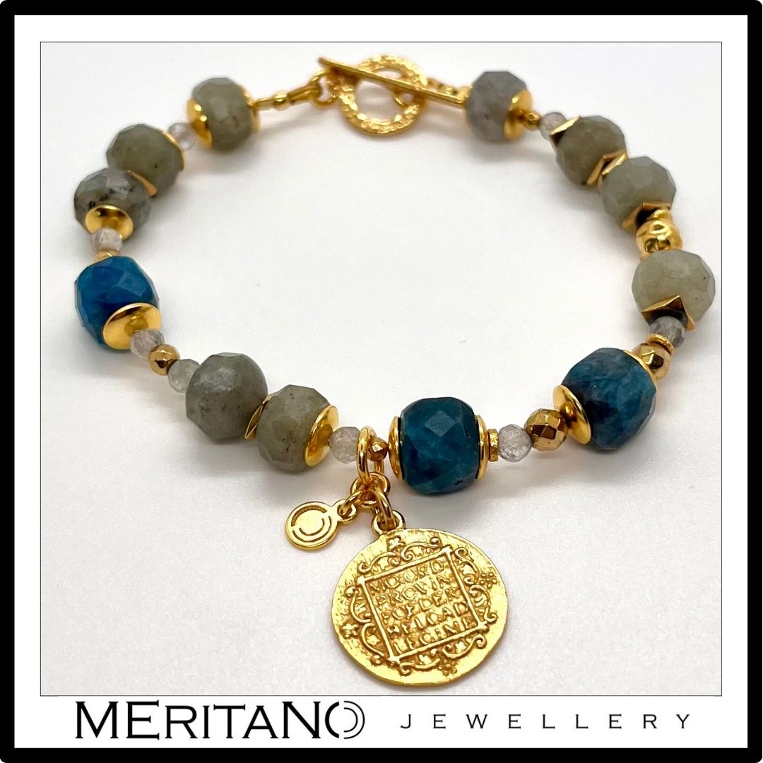 nowoczesna bransoletka z kamieniami apatyt labradoryt moneta