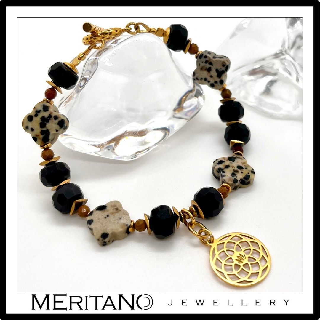 czarna bransoletka obsydian jaspis dalmatyński moneta