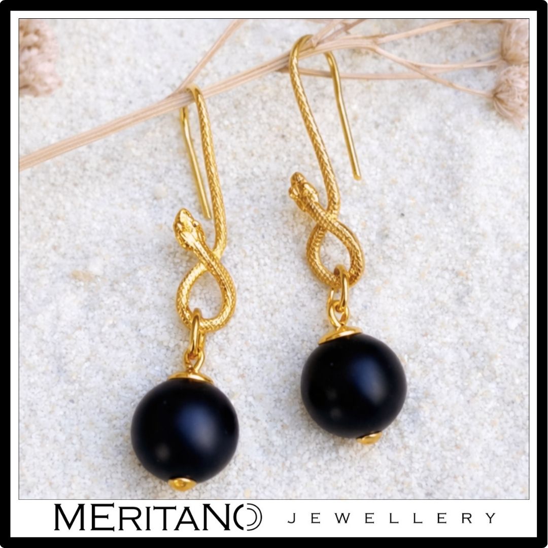 Czarne wiszące kolczyki z onyksem i wężem