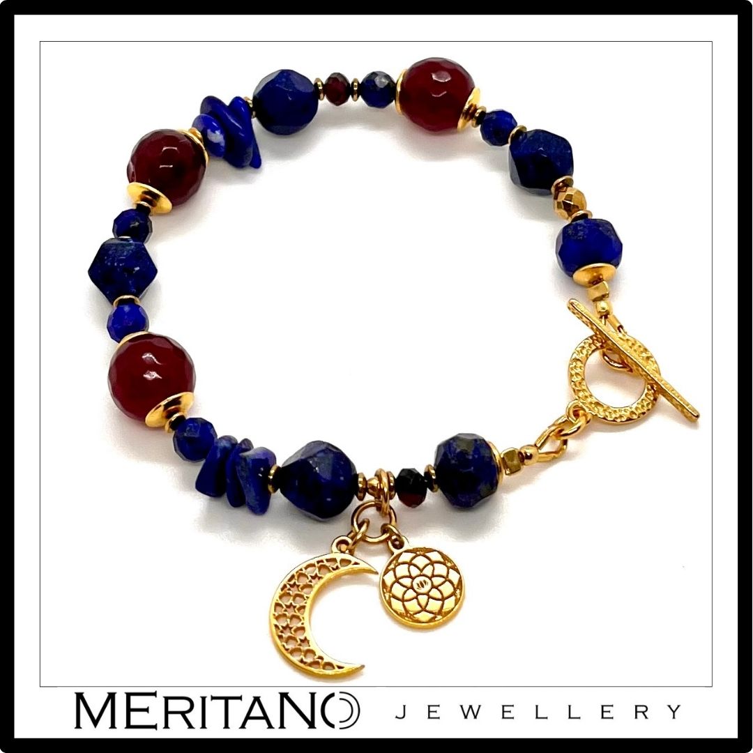 bransoletka lapis lazuli, agat, jadeit zawieszka księżyc