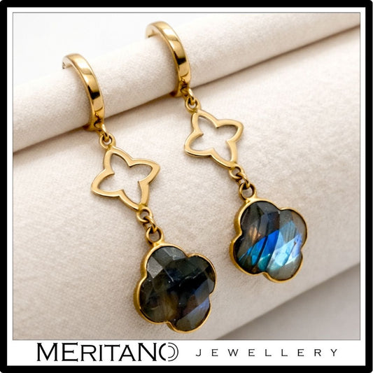 złote kolczyki wiszące z labradorytem, koniczyna marokańska złote kolczyki wiszące z labradorytem, koniczyna marokańska