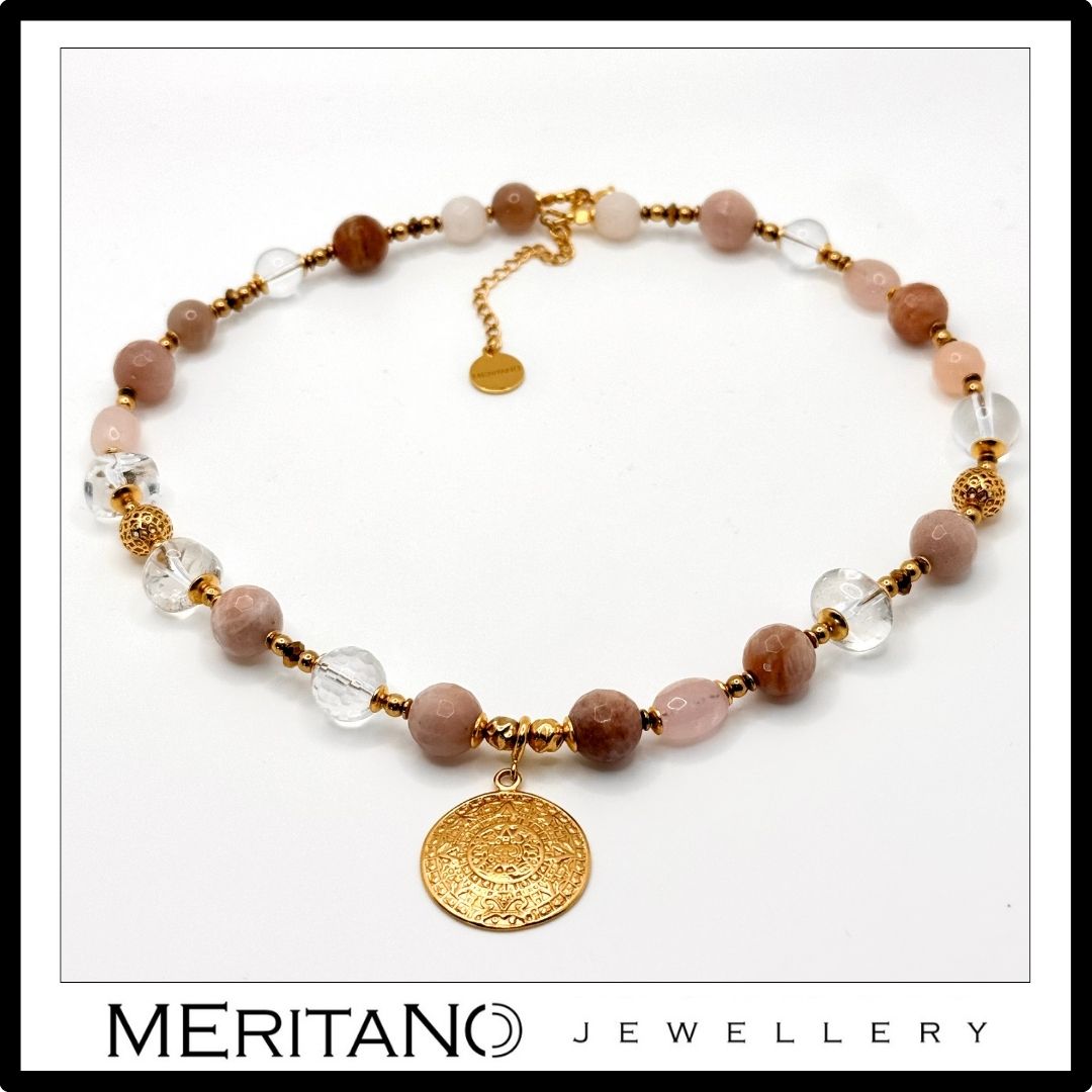 Naszyjnik z kryształem górskim z monetą. Morganit i kamień słoneczny. Srebro pozłacane