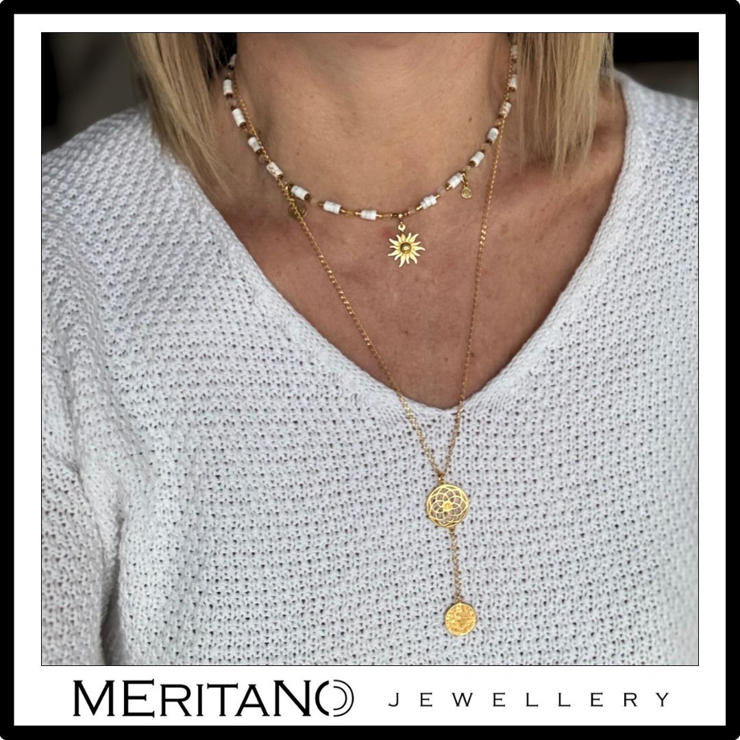 biały naszyjnik z kamieni naturalnych cytryn, howlit, słońce