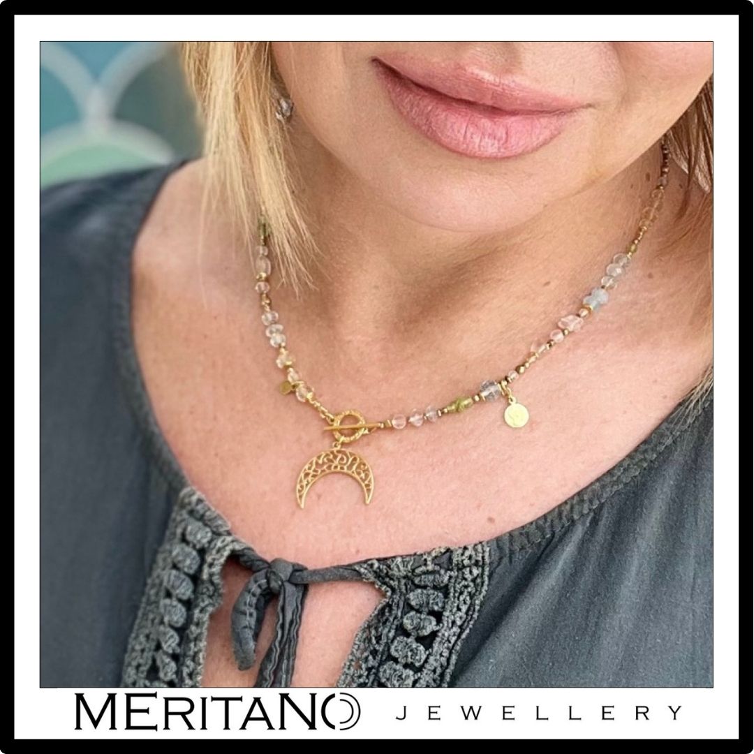 naszyjnik z kamieniami cytryn, akwamaryn, kwarc różowy, oliwin, księżyc