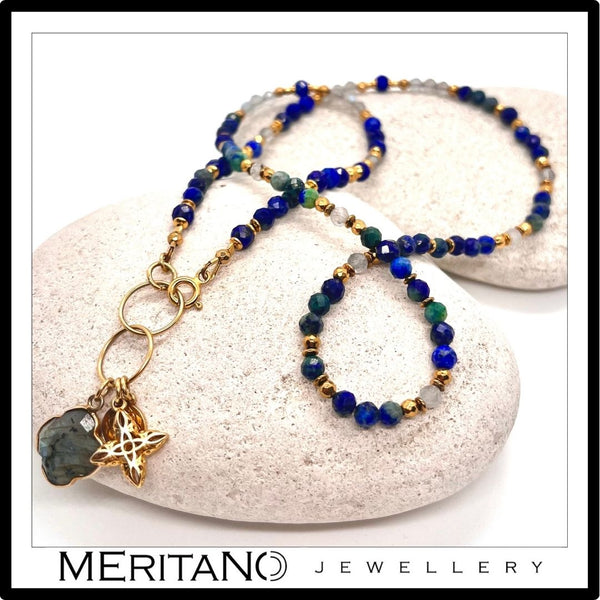 niebieska bransoletka naszyjnik lapis lazuli, azuryt, labradoryt, zawieszka