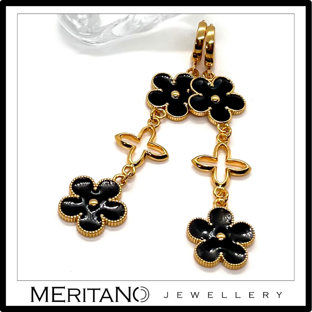 długie kolczyki wiszące czarno złote kwiaty
