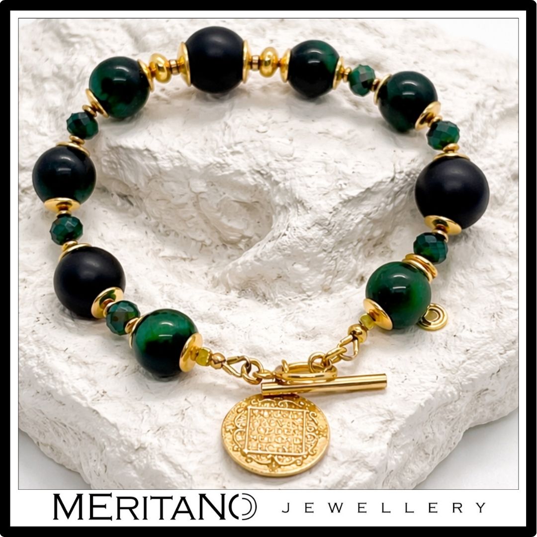 zielona bransoletka z kamieniami malachit onyks z monetą