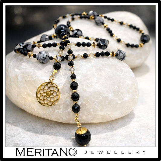 długi naszyjnik ze śnieżnym obsydianem, turmalinem i labradorytem, naszyjnik krawatka z kulą onyksu na alabastrze długi naszyjnik ze śnieżnym obsydianem, turmalinem i labradorytem, naszyjnik krawatka z kulą onyksu na alabastrze