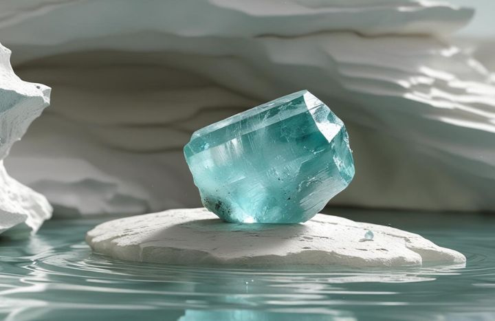 Akwamaryn – kamień urodzinowy marca w jasnym błękicie, na kamiennej powierzchni z odbiciem w wodzie.