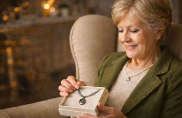 Starsza kobieta siedząca w fotelu, trzymająca pudełko z naszyjnikiem z kamieni naturalnych, biżuteria dla babci w domowym wnętrzu