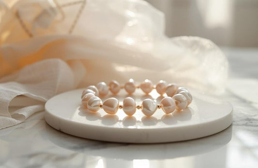 Bransoletka z pereł w odcieniu pudrowego różu na białej marmurowej tacy – biżuteria ślubna
