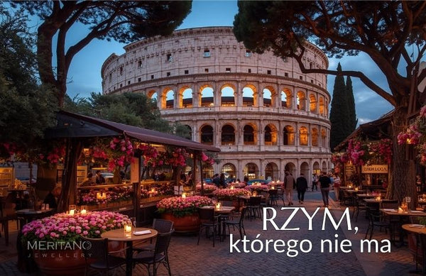 Romantyczna wizja Rzymu stworzona przez AI – Koloseum o zmierzchu otoczone kwiatami i nastrojowymi kawiarenkami, z napisem „Rzym, którego nie ma