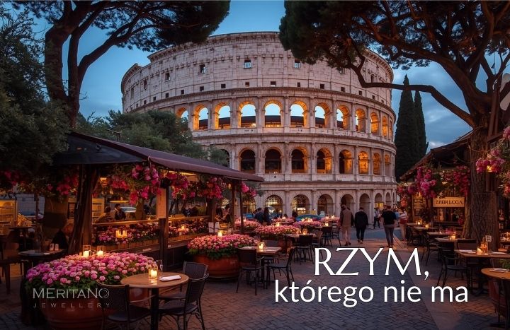 Romantyczna wizja Rzymu stworzona przez AI – Koloseum o zmierzchu otoczone kwiatami i nastrojowymi kawiarenkami, z napisem „Rzym, którego nie ma
