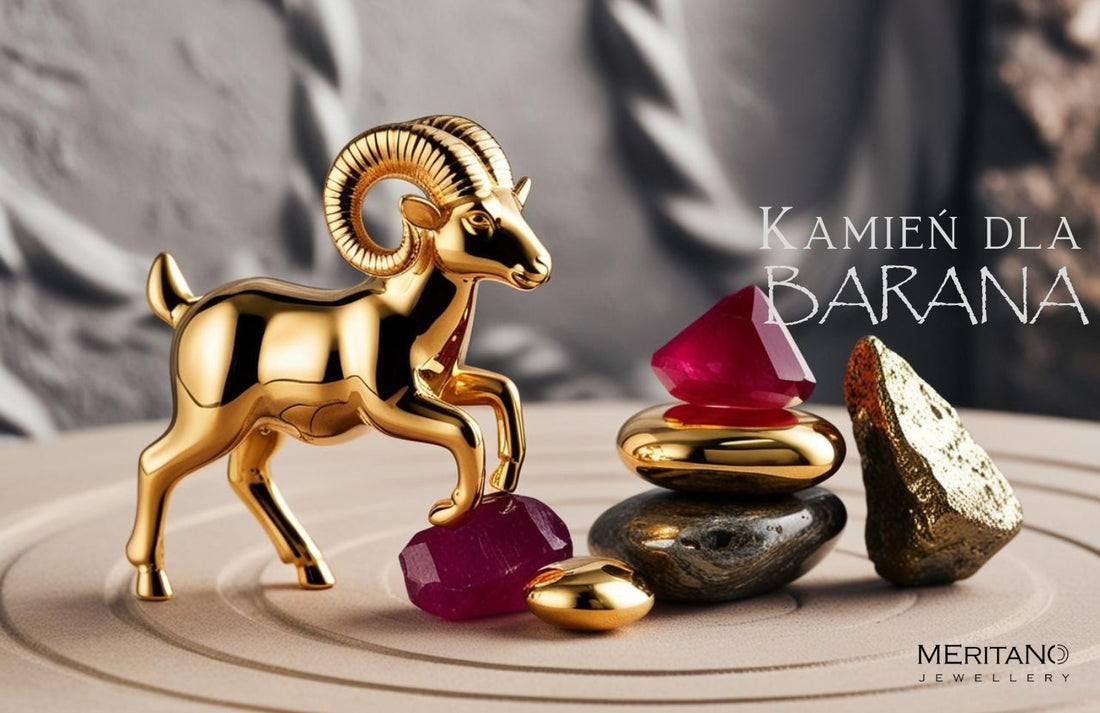 Kamień dla Barana – symbol znaku zodiaku Baran oraz kamienie naturalne: rubin, piryt i hematyt na dekoracyjnym tle
