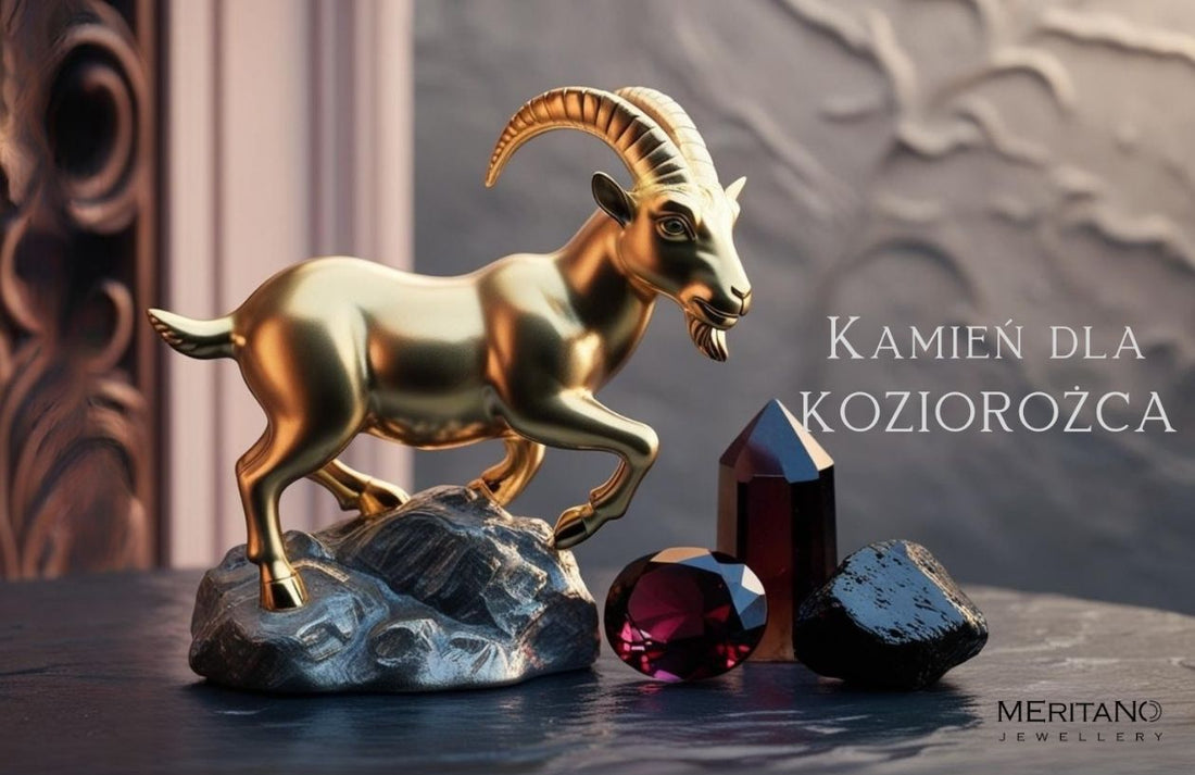 Kamień dla Koziorożca – symbol znaku zodiaku Koziorożec oraz kamienie naturalne: granat, onyks i kwarc dymny na dekoracyjnym tle