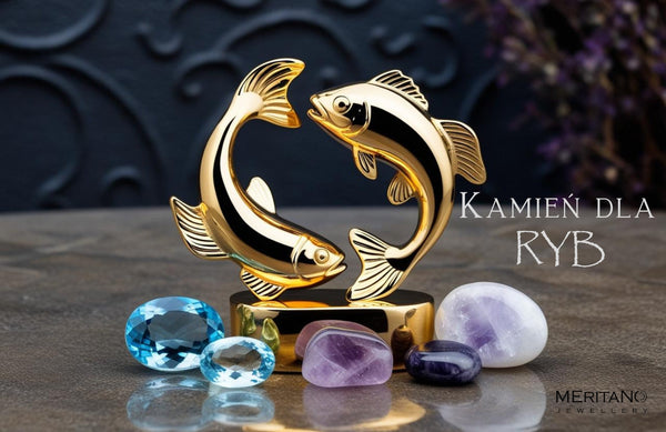 Kamień dla Ryb – symbol znaku zodiaku Ryby oraz kamienie naturalne: akwamaryn, ametyst i kamień księżycowy na dekoracyjnym tle