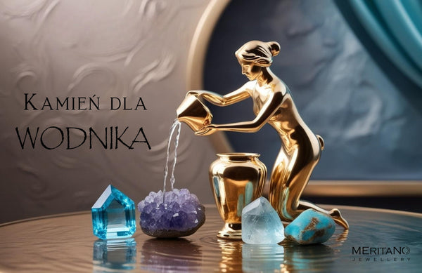Kamień dla Wodnika – symbol znaku zodiaku Wodnik oraz kamienie naturalne na dekoracyjnym tle