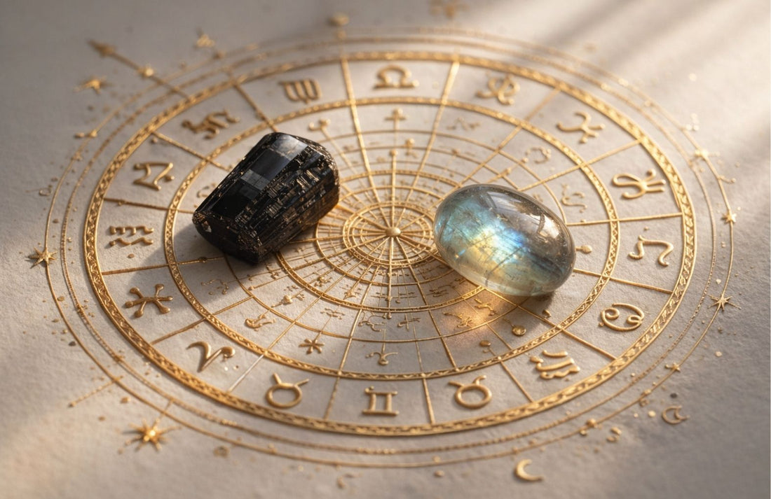 Kamienie zodiakalne na tle koła astrologicznego – turmalin i labradoryt na jasnej planszy z symbolami znaków zodiaku