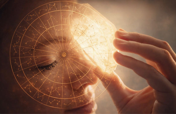 złote światło i symbolika astrologiczna na twarzy kobiety – energia, cykle i intuicja