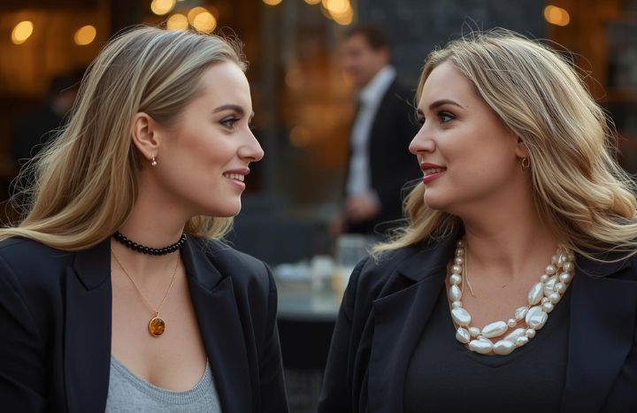 Dwie kobiety o różnych sylwetkach – szczupła i plus size – siedzące w kawiarni i noszące różne rodzaje naszyjników dopasowanych do budowy ciała.