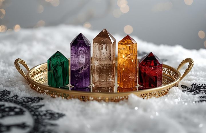 Zimowa kompozycja kamieni naturalnych – malachit, ametyst, kwarc dymny, cytryn i granat na złotej tacy wśród śniegu
