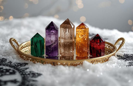 Zimowa kompozycja kamieni naturalnych – malachit, ametyst, kwarc dymny, cytryn i granat na złotej tacy wśród śniegu