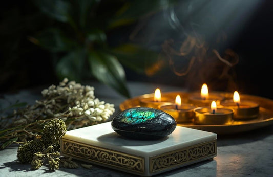 Polerowany labradoryt o niebiesko-zielonej iryzacji ułożony na ozdobnym pudełku, w tle zapalone świece i suszone zioła.