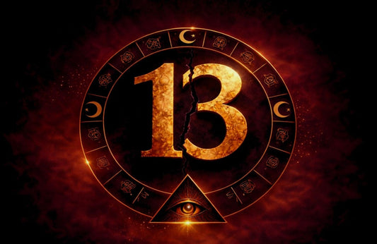 Liczba karmiczna 13 – symbol z pęknięciem i złotym kręgiem znaków na bordowym tle