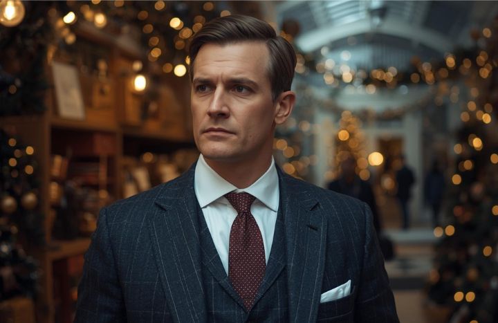 Elegancki mężczyzna w garniturze w świątecznej scenerii szukający prezentu