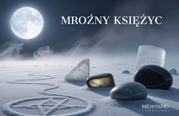 Mroźny księżyc. Zima i kamienie na śniegu.