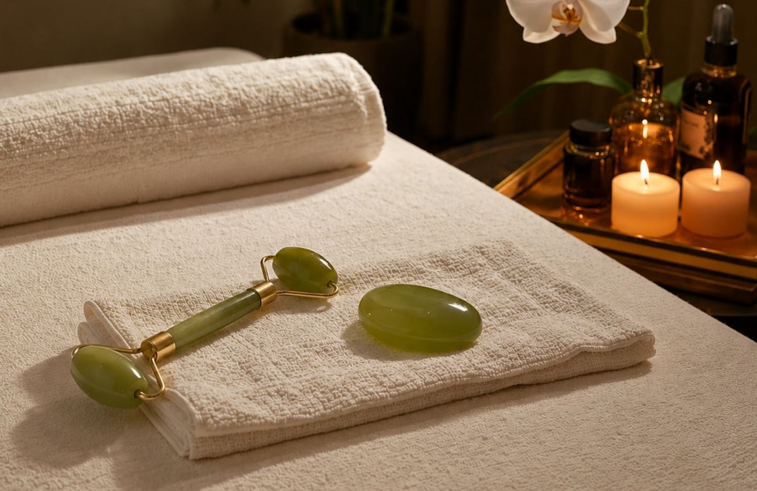 Roller do twarzy z jadeitu i nefrytu w estetyce domowego spa
