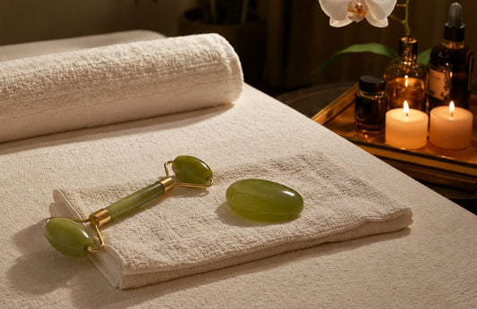 Roller do twarzy z jadeitu i nefrytu w estetyce domowego spa