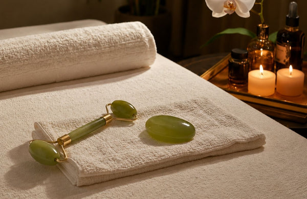 Roller do twarzy z jadeitu i nefrytu w estetyce domowego spa