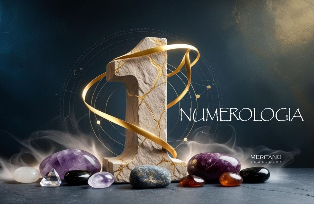 Numerologia liczby 1 – kamienie naturalne ametyst, granat, czarny turmalin, karneol w symbolicznej kompozycji Meritano