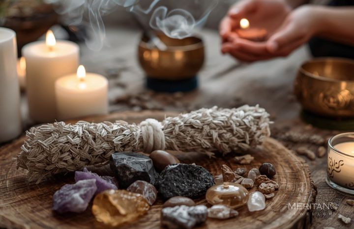 Oczyszczanie kamieni naturalnych z obcej energii dymem szałwii, kamienie ułożone na drewnianym krążku w blasku świec, marka Meritano Jewellery.