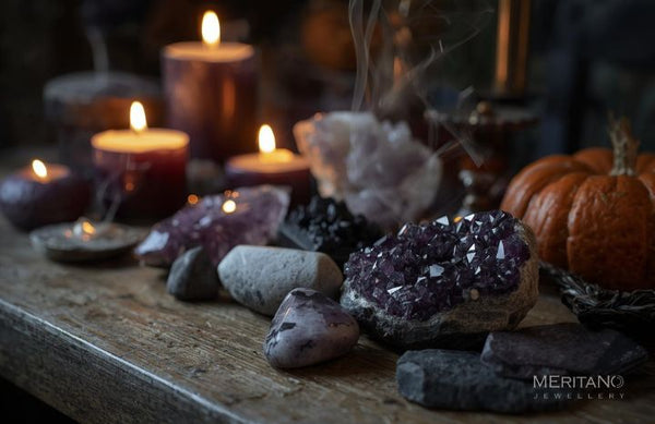 Samhain – kryształy, świece i dynia podczas rytuału noc duchów.