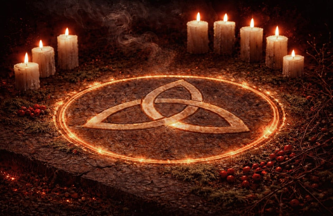 rytualny krąg z symbolem triquetry na kamiennej powierzchni, świece, ogień i gałęzie głogu – klimat Beltane i Nocy Walpurgii nocą