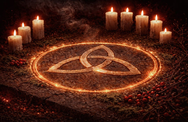 rytualny krąg z symbolem triquetry na kamiennej powierzchni, świece, ogień i gałęzie głogu – klimat Beltane i Nocy Walpurgii nocą