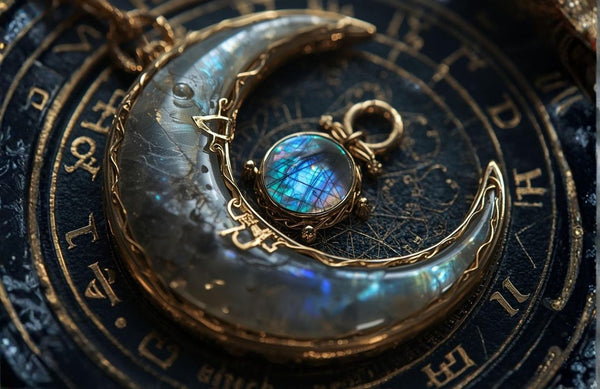Naszyjnik z symbolem półksiężyca i labradorytem na astrologicznej planszy ze znakami zodiaku
