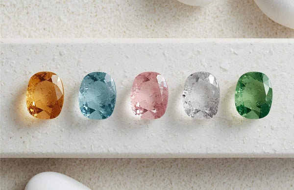 Kolorowe kamienie topazu ułożone obok siebie na białym kamieniu