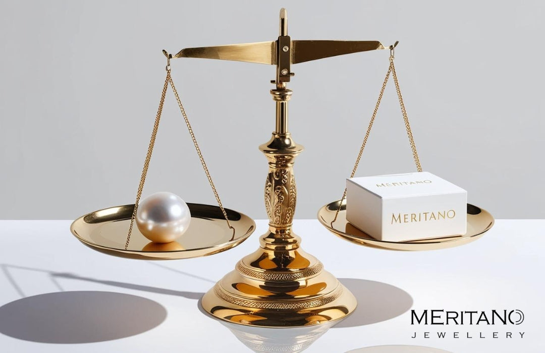 Złota waga. Na jednej szalce lezy biała perła a na drugiej pudełeczko frimowe Meritano
