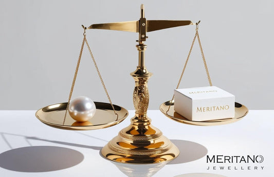 Złota waga. Na jednej szalce lezy biała perła a na drugiej pudełeczko frimowe Meritano